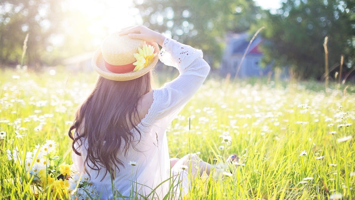 Woman in a straw hat sitting in a sunlit meadow filled with white flowers.